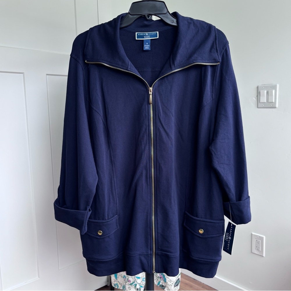 NWT Karen Scott Sport athletic full zip navy Jacket Sz 1X